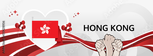 Hong Kong National Day modern greeting banner. 1 October Happy Celebrate. Festive horizontal template background with flag colors, great for carnival poster, tourism campaign, holiday flash sale