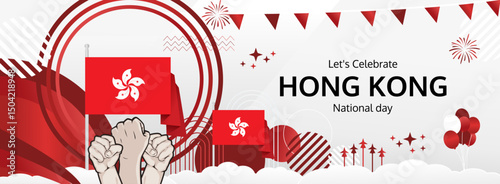 Hong Kong National Day modern greeting banner. 1 October Happy Celebrate. Festive horizontal template background with flag colors, great for carnival poster, tourism campaign, holiday flash sale