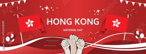 Hong Kong National Day modern greeting banner. 1 October Happy Celebrate. Festive horizontal template background with flag colors, great for carnival poster, tourism campaign, holiday flash sale