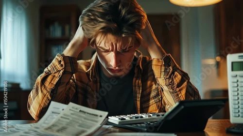 Stressed young adult with hands on head looks at bills, feeling financial pressure and stress. Financial problem, debt concept.