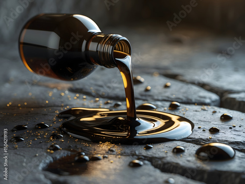 Refined Essence: A visually striking image features a bottle gracefully pouring a stream of dark, viscous liquid onto a textured, stone surface.