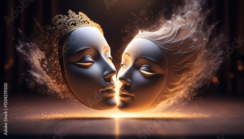 Artistic Representation of Two Ethereal Faces Merging with Light and Sparkles in a Dark Space