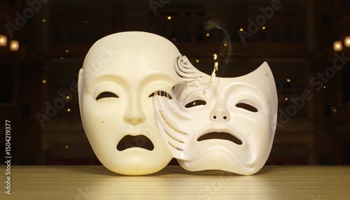 Artistic Representation of Drama with White Theater Masks Symbolizing Emotions and Performance