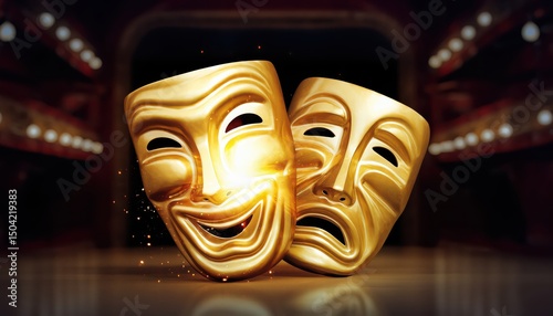 Golden Comedy and Tragedy Masks Representing Artistic Emotions in Theater Performances