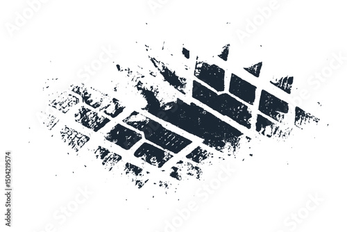 Mud tire tracking. Dirt track from the car wheel protector. Tire mark silhouette. Grunge overlay texture. Abstract black pattern. Vector illustration, EPS 10.