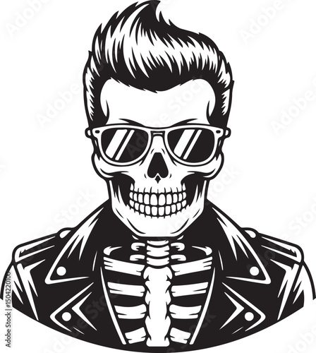 Punk Rock Skull silhouette with Spiked Hair and Sunglasses – Vector Illustration in Leather Jacket | Stylized Skull Illustration with Sunglasses and Spikey Hair in Monochrome
