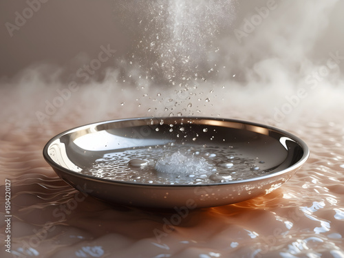 Effervescent Water: A captivating display unfolds as water droplets cascade into a metallic bowl, showcasing an alluring moment of transformation. 