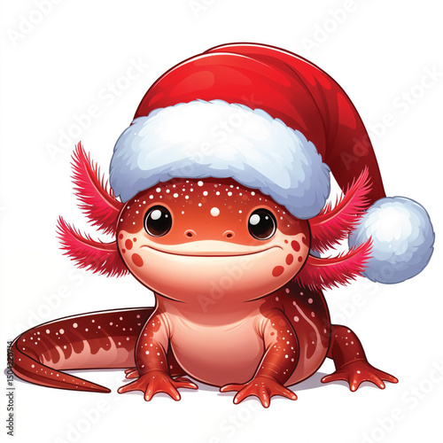 Cute Christmas Axolotl Santa Hat cartoon Vector Illustration