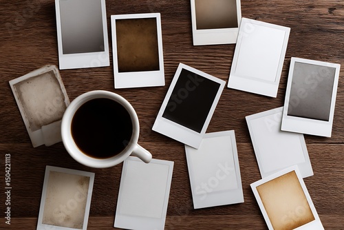A cup of coffee surrounded by scattered polaroid photos on a dark wooden table surface from above view