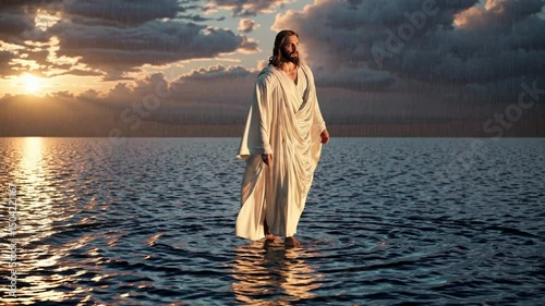 Jesus walking on water during sunset against a cloudy sky  