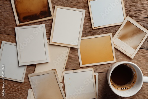 A collection of blank polaroid photos scattered on a wooden surface with a cup of coffee nearby