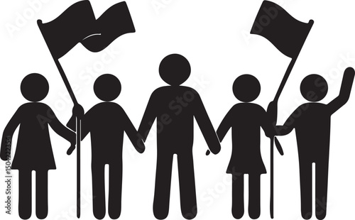 United for a Cause: A silhouette of a group of individuals standing united, each holding a flag, demonstrating solidarity and collective action in a moment of shared purpose.