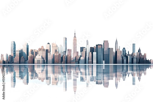 Manhattan's iconic skyline presents architectural elegance with buildings mirrored below, showcasing urban symmetry and transparency
