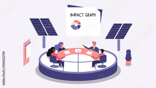 Business meeting with impact graph presentation and solar panels in an office environment setting design