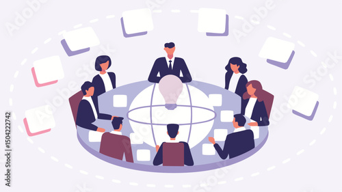 A business meeting with a group of professionals collaborating around a globe and lightbulb design idea