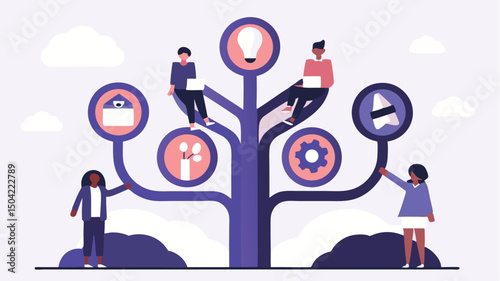 Illustration of a tree with business icons and people working around it on a light purple background