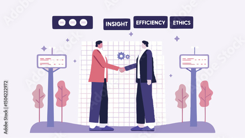 Business handshake illustration with insight efficiency ethics and health center signs and pink trees