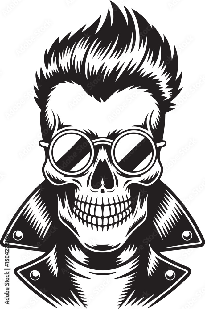 Fototapeta premium Punk Rock Skull silhouette with Spiked Hair and Sunglasses – Vector Illustration in Leather Jacket | Stylized Skull Illustration with Sunglasses and Spikey Hair in Monochrome