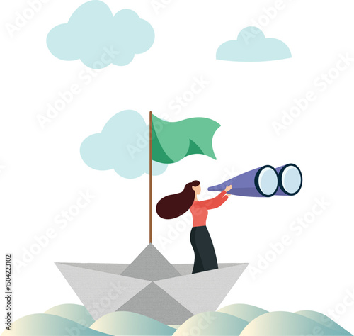 Businesswoman standing with telescope on the sailboat symbol. Business vision vector illustration