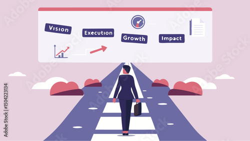 A businesswoman walking on a road towards a sign with vision execution growth and impact written on it