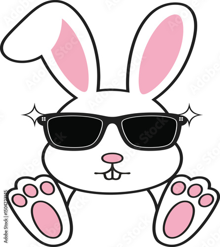 "A fun and playful illustration of a bunny wearing sunglasses, exuding a cool and cheerful vibe. This design is perfect for children's products, Easter themes, or any project that aims to bring joy an