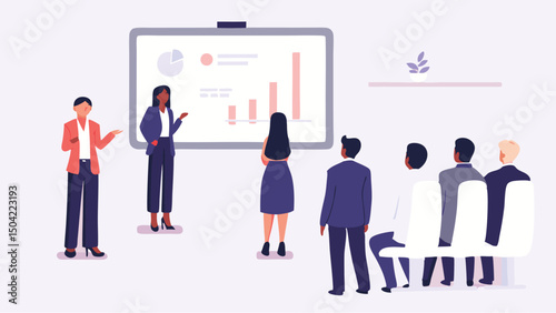 A presentation scene showing a diverse group of people watching a chart on a whiteboard in a light setting