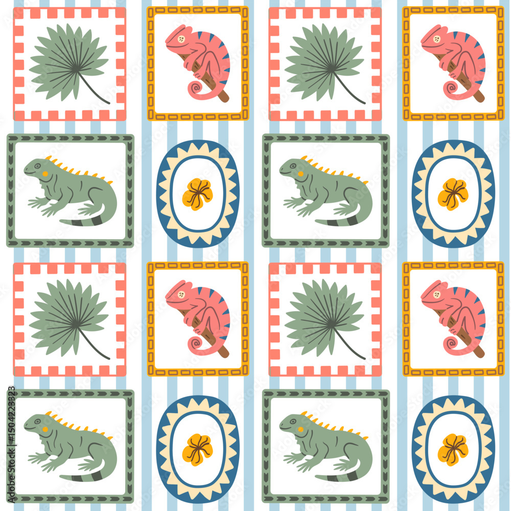 Obraz premium Tropical seamless pattern with iguanas, chameleons, and exotic leaves in colorful folk frames, perfect for kids textiles, wallpapers, and summer jungle themes.