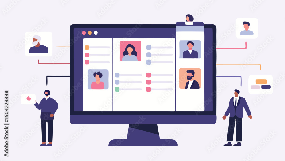 A computer screen displaying profiles with people standing around it in a digital networking scene A computer screen displaying profiles with people standing around it in a digital networking scene