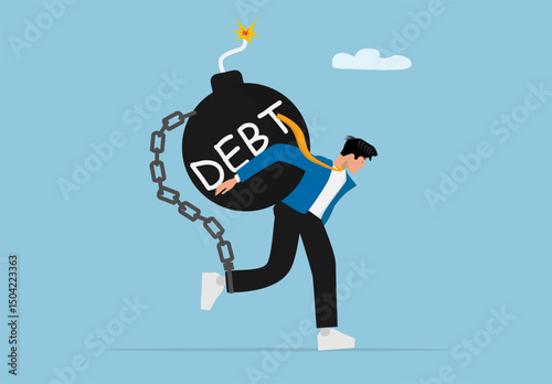 Businessman Carrying Heavy Debt Bomb on Back Chained by Financial Crisis Burden Concept of Money Problem and Economic Risk Vector Illustration