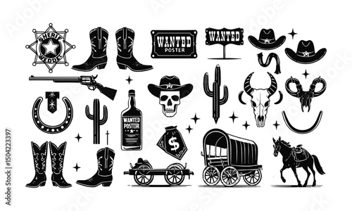 Modern vector illustration of Wild West-themed icons in a vintage monochrome style, easily scalable and editable.
