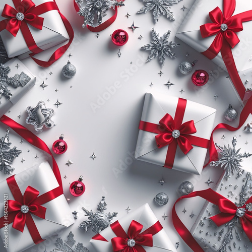 Christmas Gift Boxes with Red Ribbons and Silver Decorations