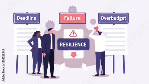 People facing deadline failure overbudget and resilience signs in a business meeting setting illustration