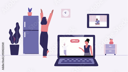 Woman doing yoga pose with arms raised in a room with laptop showing online class and indoor plants