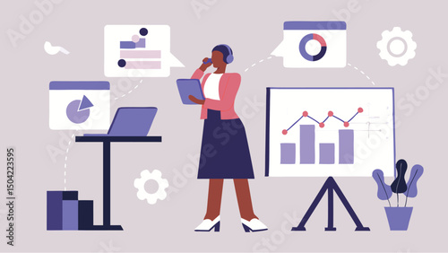 A woman presenting data with graphs and charts on a board while holding a laptop and talking on phone