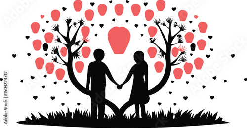 Romantic Couple Under Heart Tree with Lanterns Vector Art
