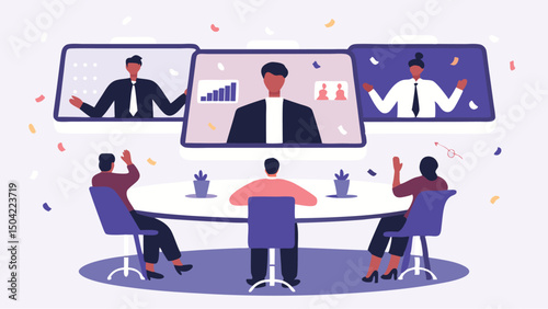 A virtual meeting illustration with business professionals collaborating remotely on a conference call screen