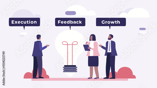 Team brainstorming with execution feedback and growth concepts for business development and innovation strategy