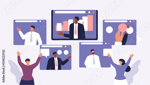 Virtual meeting with diverse professionals connecting through online video conference platforms shown here