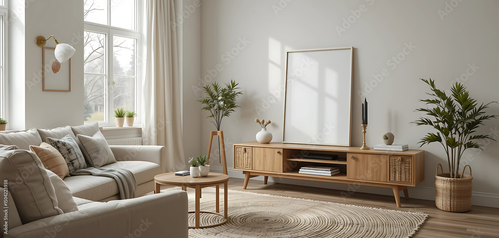 Fototapeta premium Scandinavian-inspired living room with birch wood furniture, woven rug, and an A4 transparent frame poster mockup placed upright on the low TV stand.
