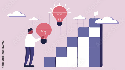 A man reaching for lightbulbs while climbing stairs towards a flag in a pastel colored illustration
