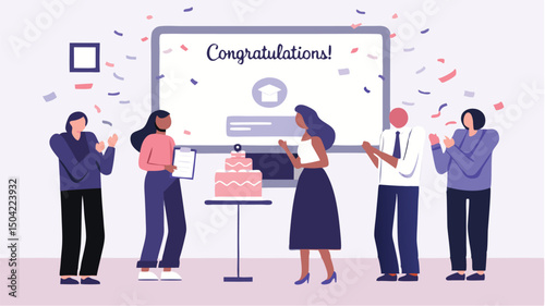 Celebratory virtual event with confetti and cake featuring diverse group of people congratulating online