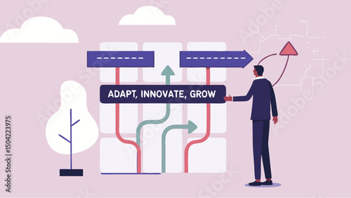 A minimalist illustration depicting a business man navigating a complex path to success and innovation