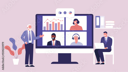 A virtual meeting with graphs and people on a large screen with two men in an office setting near it