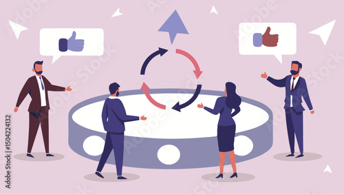 Business team collaborating around a circular process with feedback and upward growth illustration