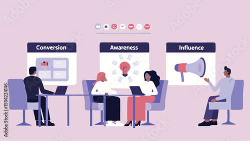 A business meeting with conversion awareness and influence illustrated in a pastel colored background