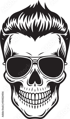 Cool Skull silhouette with Sunglasses and Pompadour Hairstyle – Retro Rockabilly Vector Art | Skull Illustration Featuring Sunglasses and Stylized Hair Design