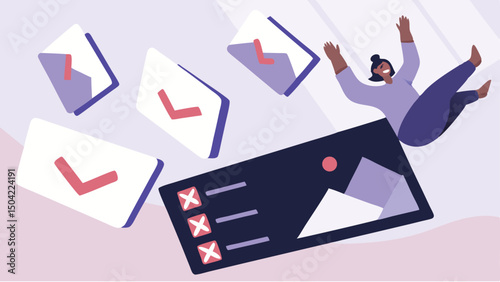 A person falling with envelopes and a checklist in an abstract and stylized digital illustration
