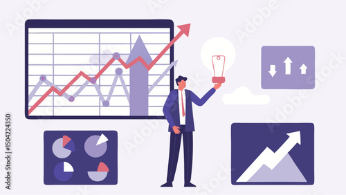 A business professional with an idea standing near charts and graphs showing growth and positive trends