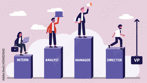 Career progression illustration showing intern analyst manager director and vice president stages growth