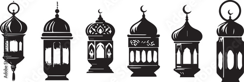 Black ramadan lanterns. Fanous line lantern, arabic lamps silhouettes vintage egyptian moroccan dubai eastern lamp for islamic mosque or arabian lighting, neat vector illustration